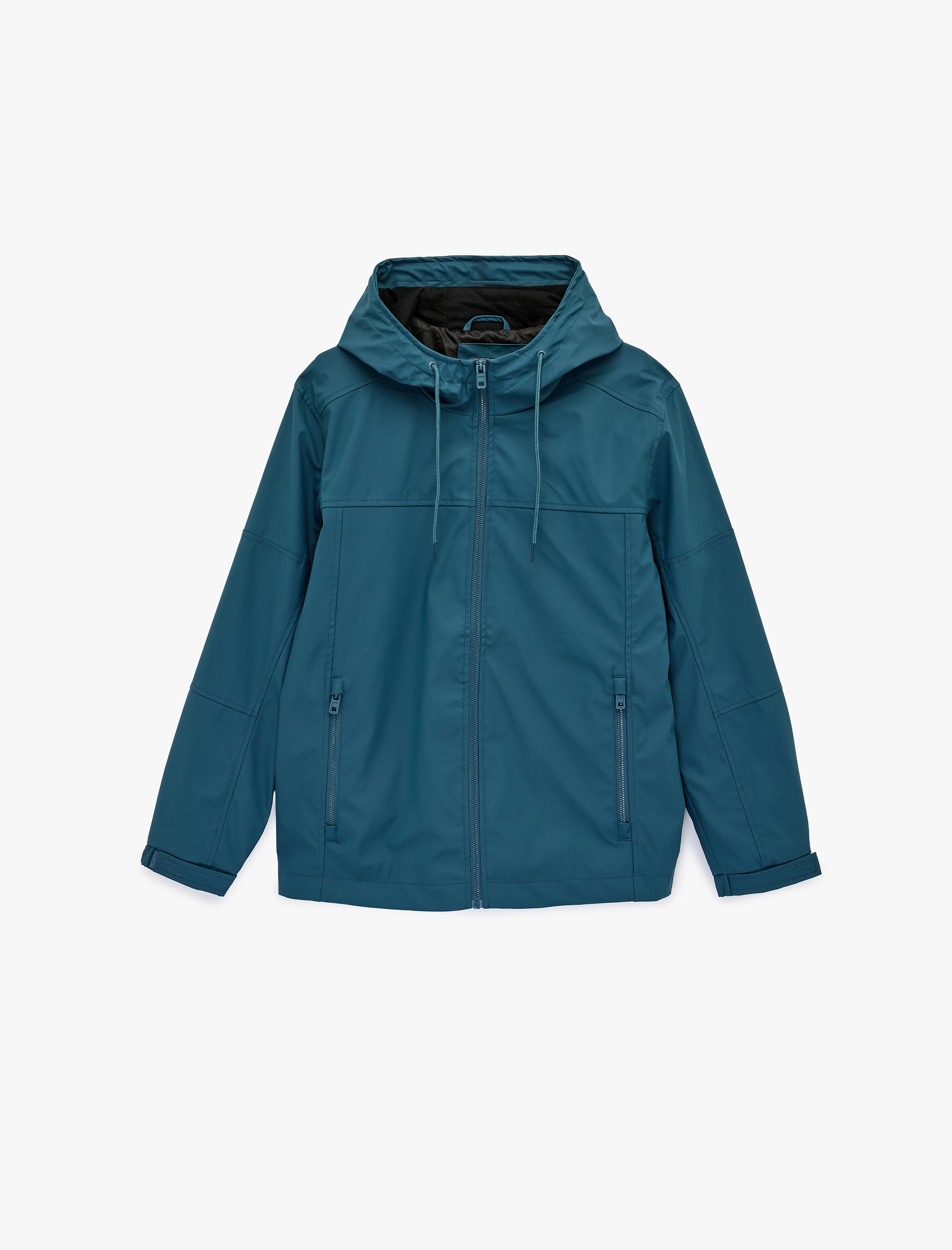   Uzun Kollu Fermuarlı Cep Detaylı Su İtici Kapşonlu Yağmurluk