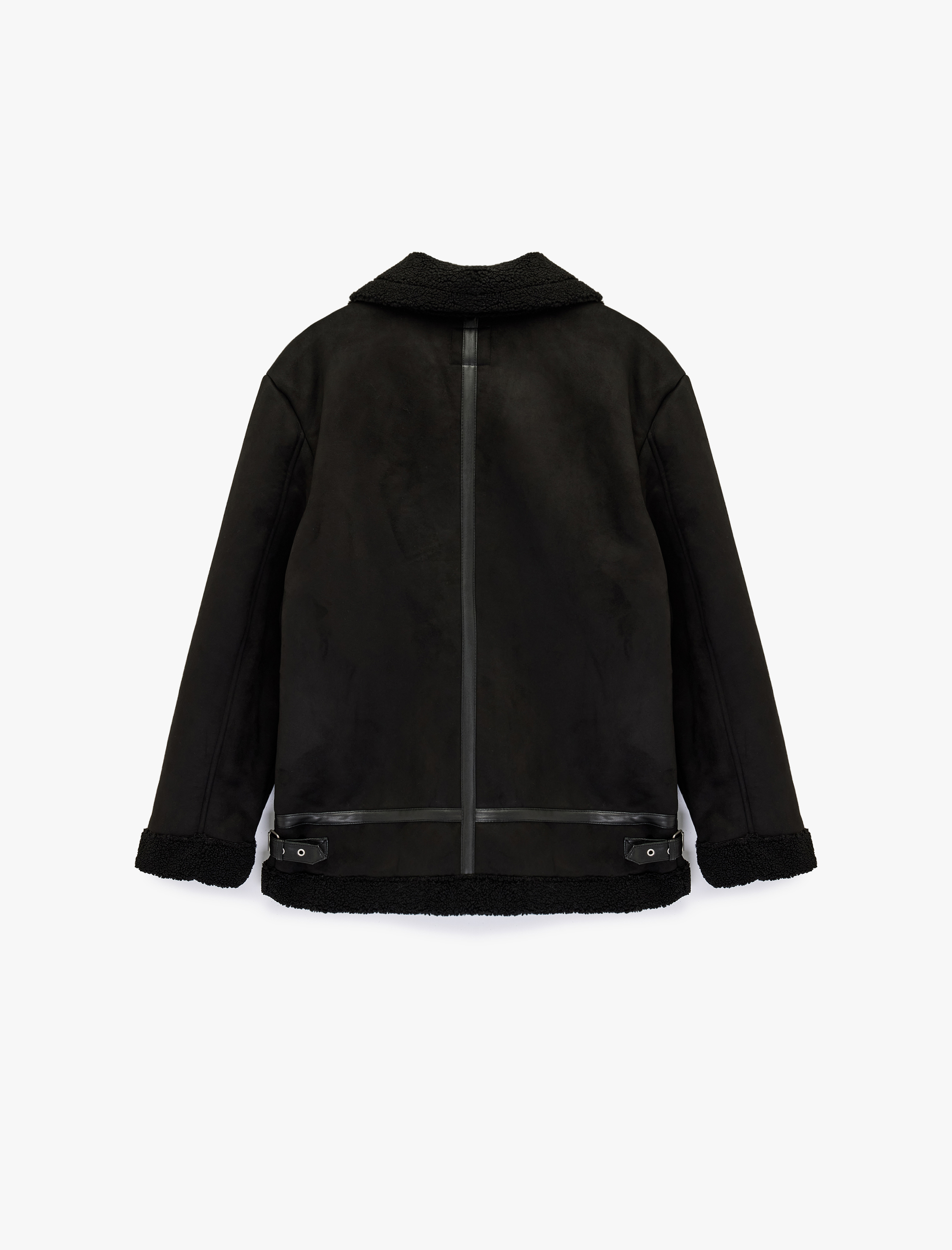   Uzun Kollu Cepli Fermuarlı Peluş Yaka Suni Süet Ceket