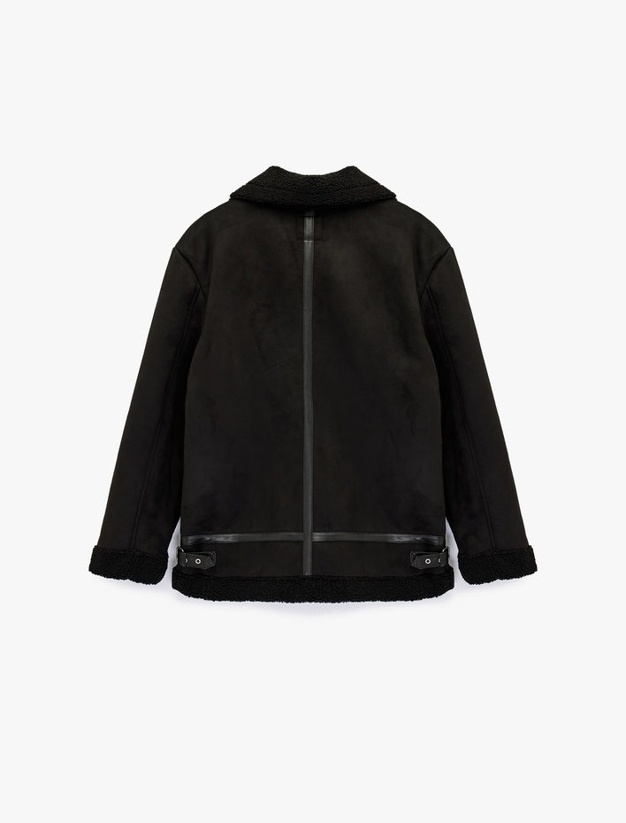  Uzun Kollu Cepli Fermuarlı Peluş Yaka Suni Süet Ceket