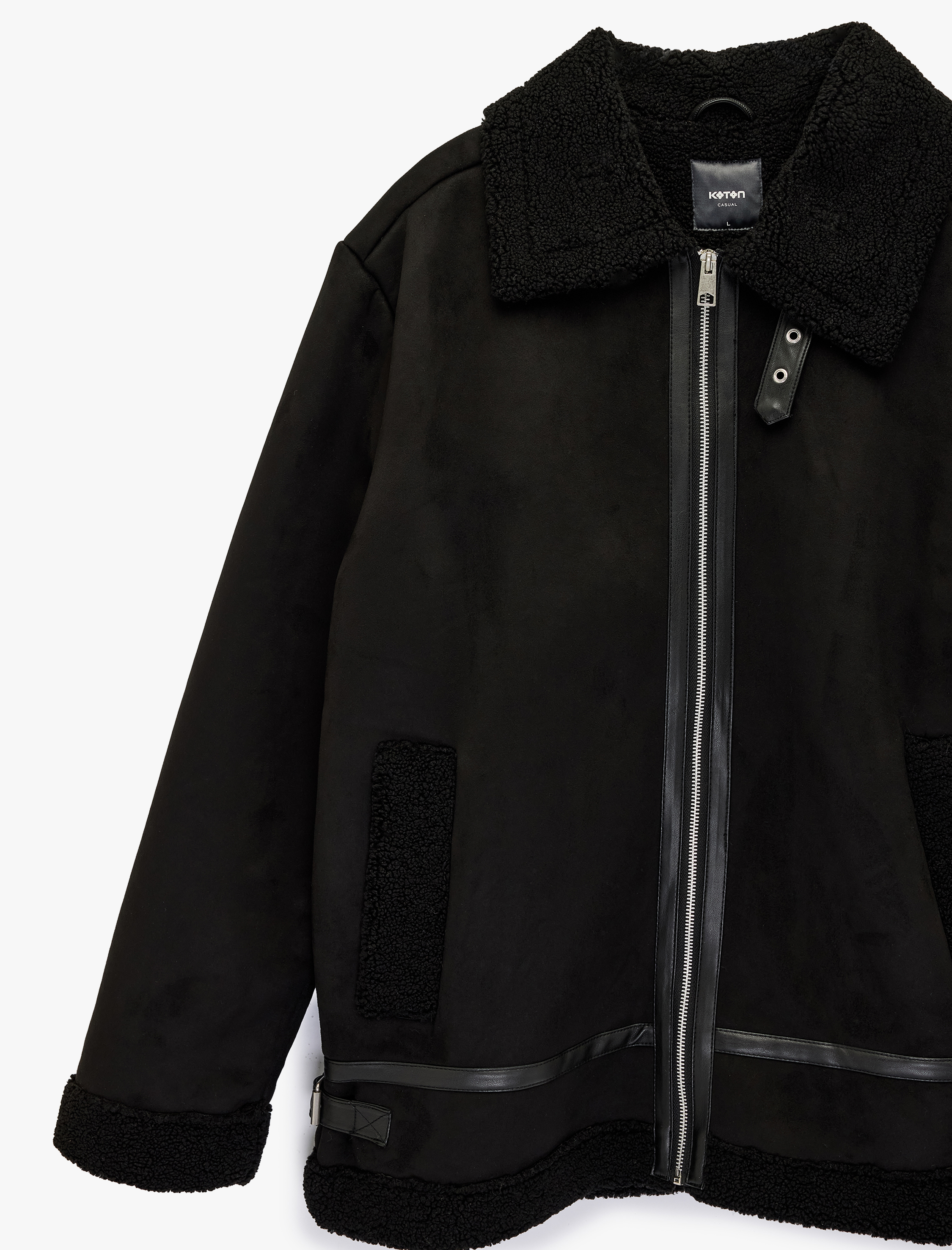   Uzun Kollu Cepli Fermuarlı Peluş Yaka Suni Süet Ceket