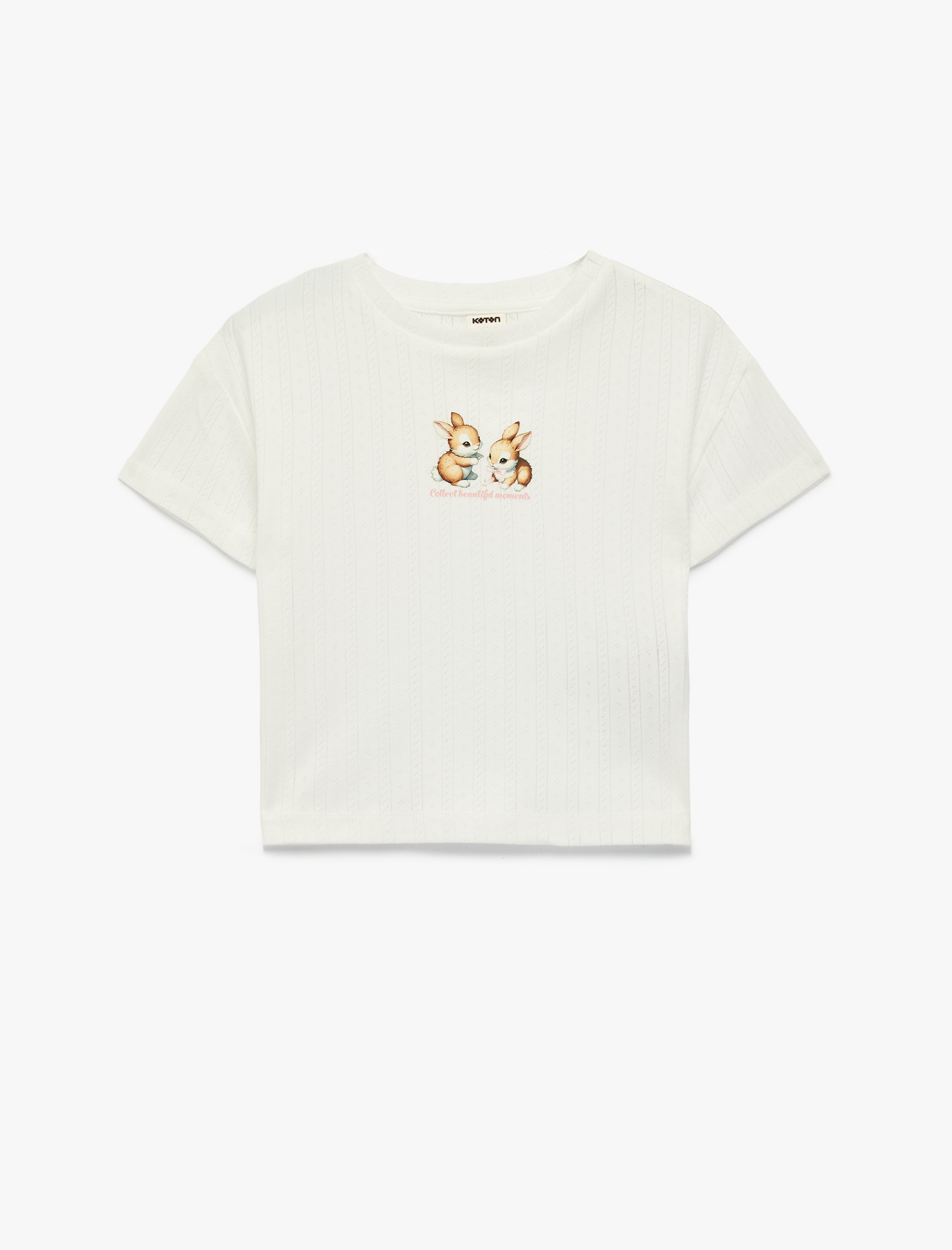  Kız Bebek Pamuklu Bisiklet Yaka Kısa Kollu Tavşan Baskılı Tişört