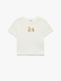 Pamuklu Bisiklet Yaka Kısa Kollu Tavşan Baskılı Tişört