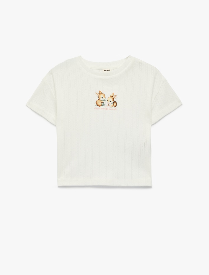 Kız Bebek Pamuklu Bisiklet Yaka Kısa Kollu Tavşan Baskılı Tişört