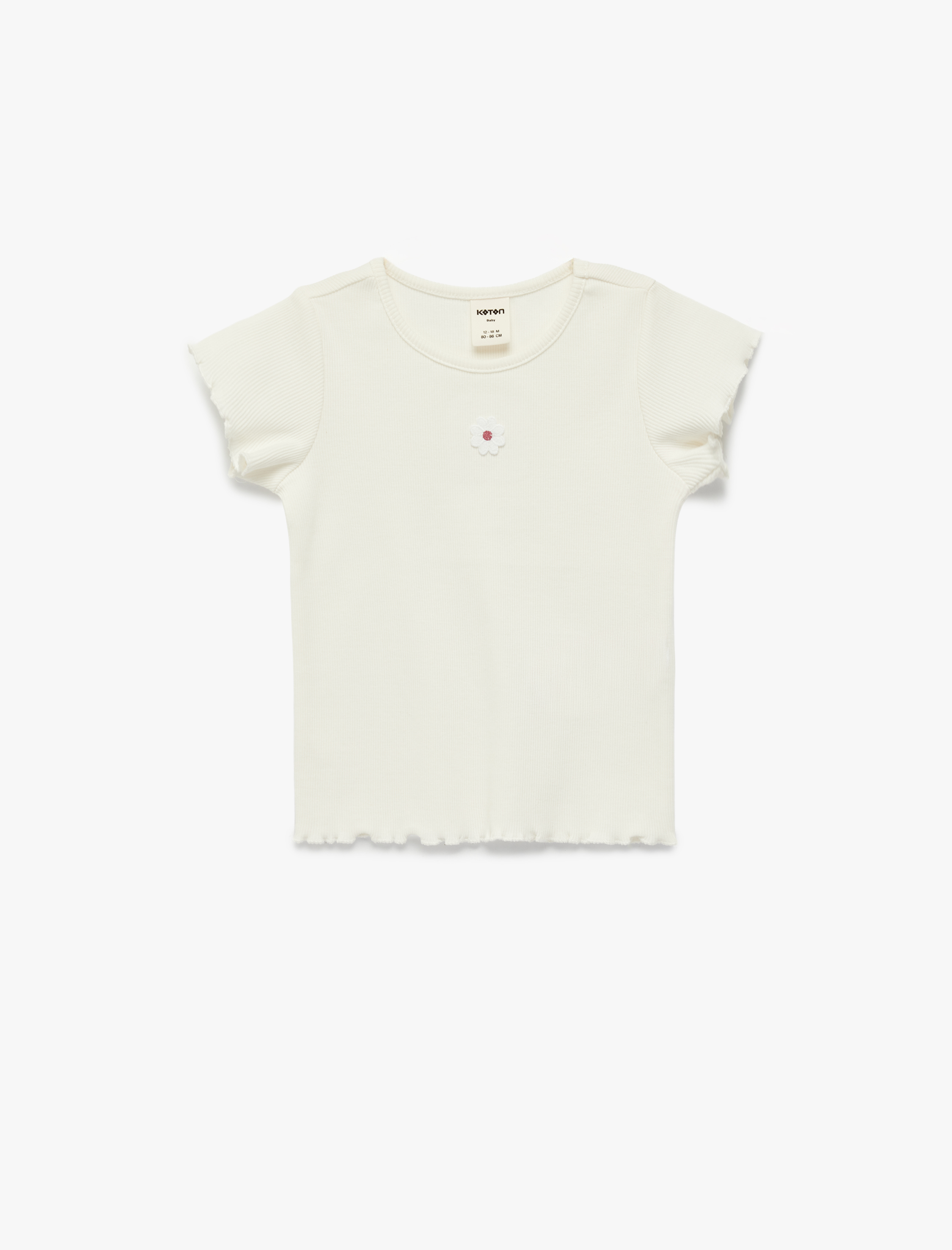  Kız Bebek Kısa Kollu Bisiklet Yaka Çiçek Nakış Detaylı Pamuklu Tişört