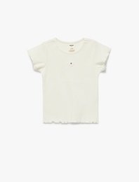 Kısa Kollu Bisiklet Yaka Çiçek Nakış Detaylı Pamuklu Tişört