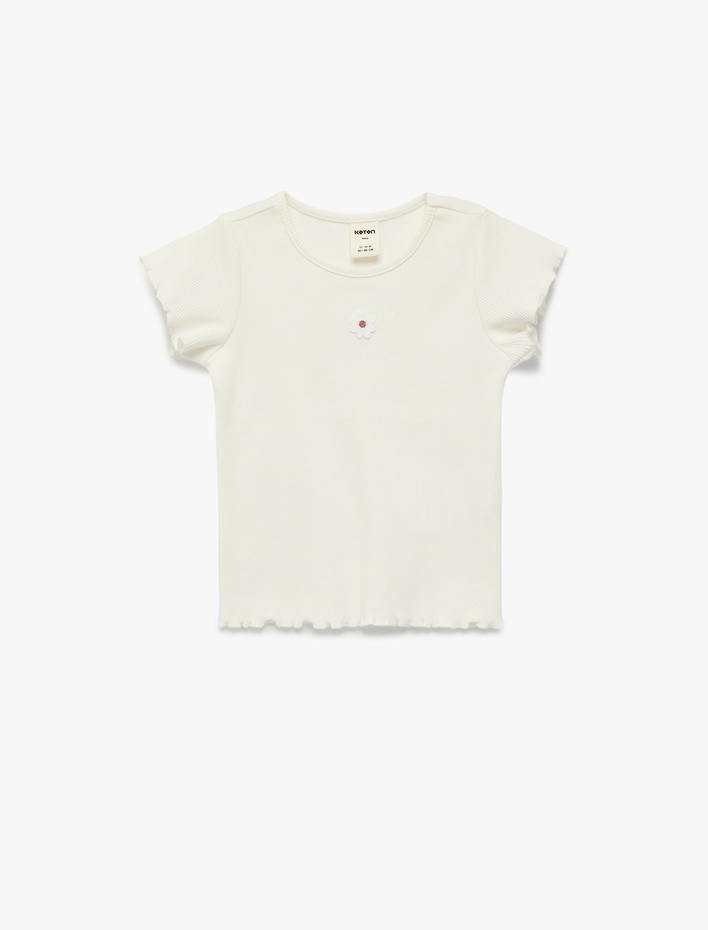 Kız Bebek Kısa Kollu Bisiklet Yaka Çiçek Nakış Detaylı Pamuklu Tişört