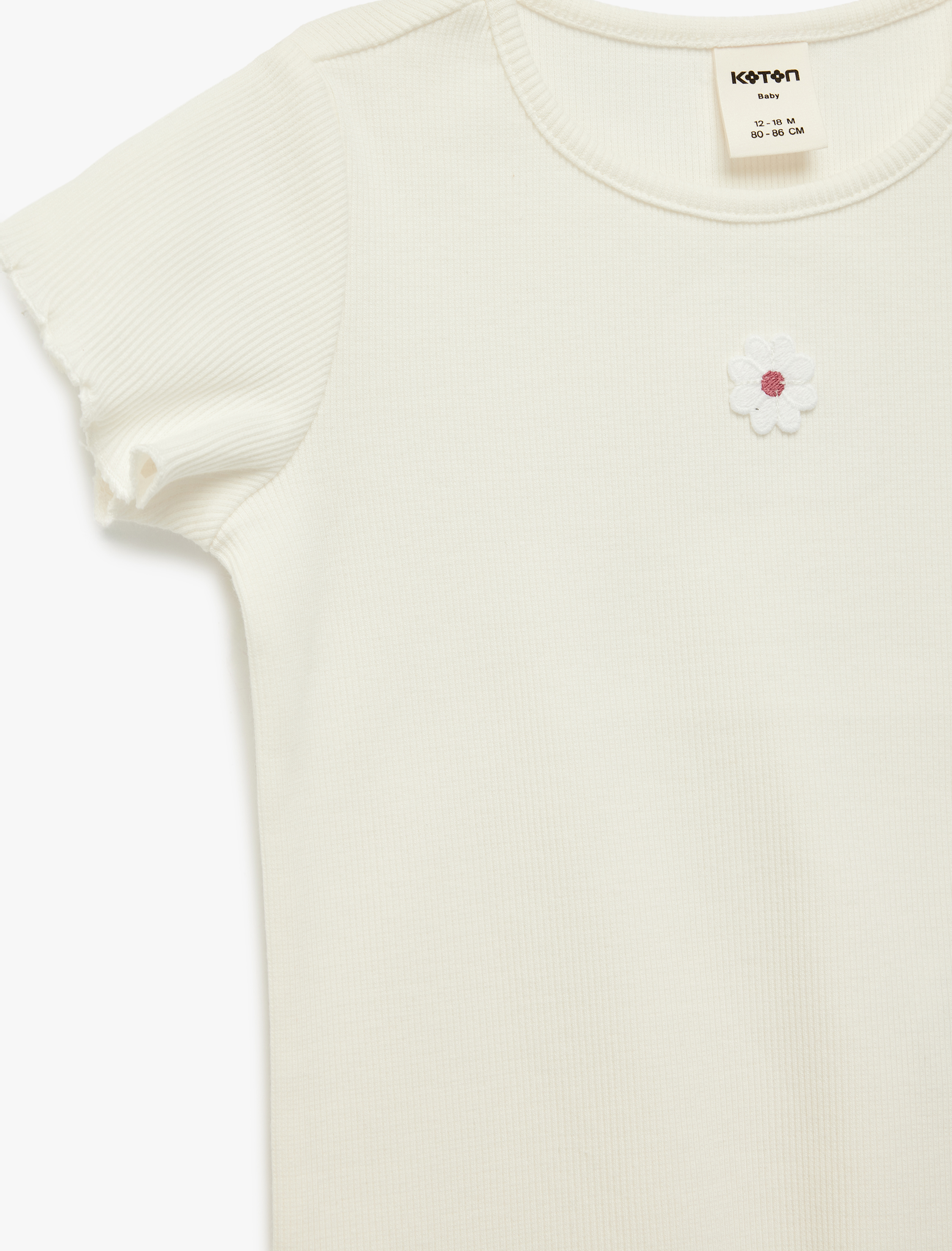  Kız Bebek Kısa Kollu Bisiklet Yaka Çiçek Nakış Detaylı Pamuklu Tişört