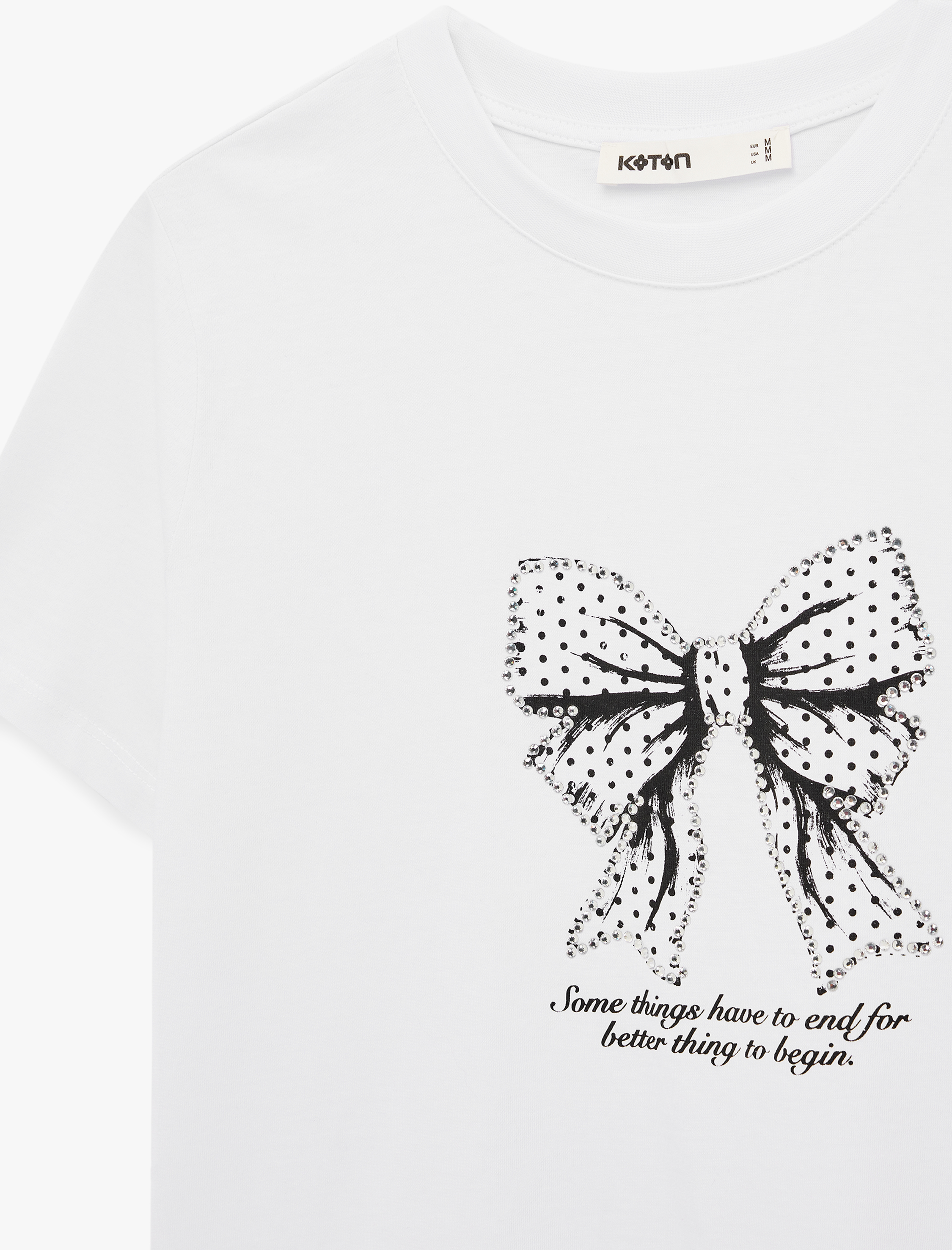   Pamuklu Kısa Kollu Bisiklet Yaka Taşlı Fiyonk Baskılı Tişört