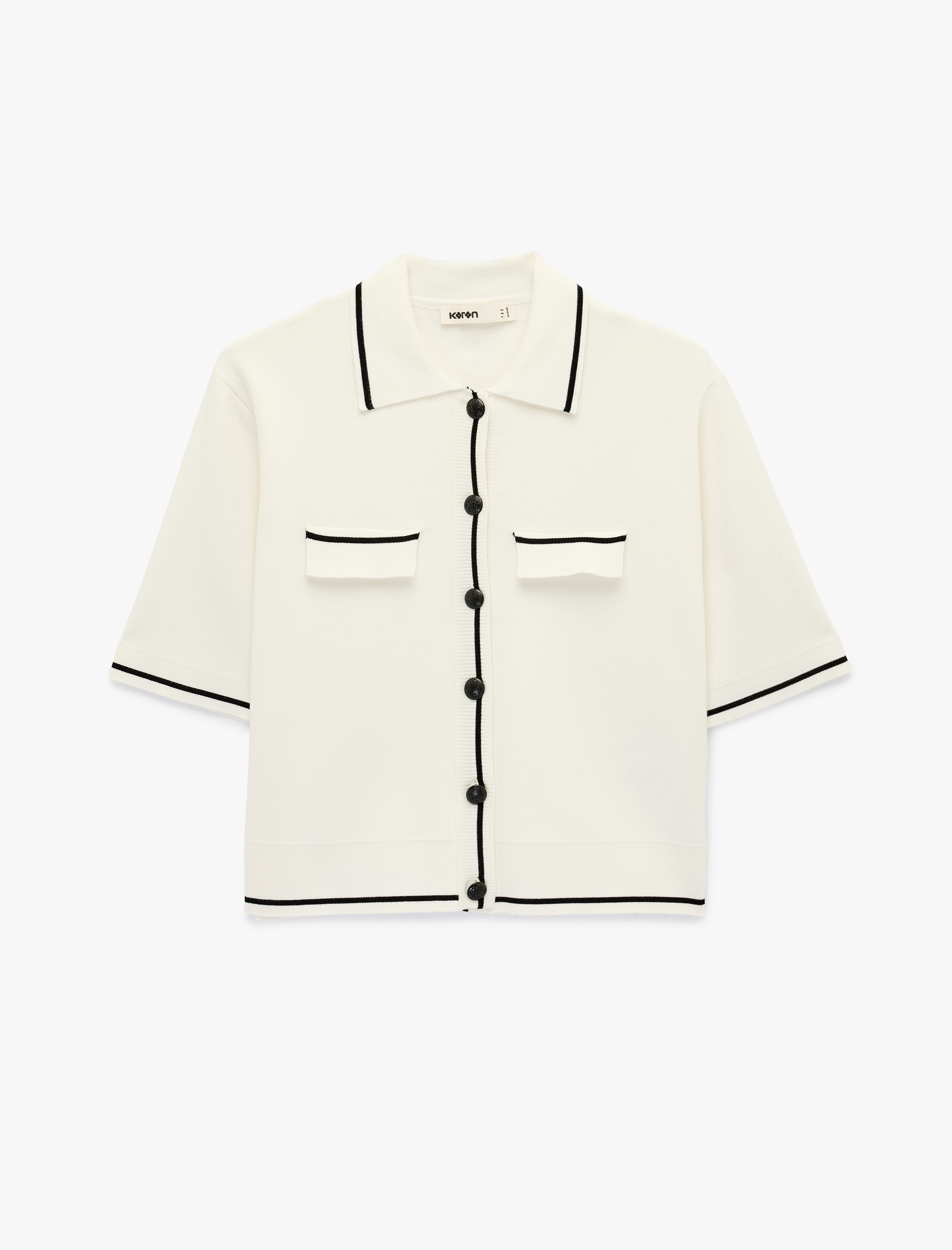   Aplike Detaylı Düğmeli Kısa Kollu Çizgili Polo Yaka Triko Hırka