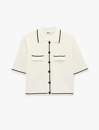 Aplike Detaylı Düğmeli Kısa Kollu Çizgili Polo Yaka Triko Hırka