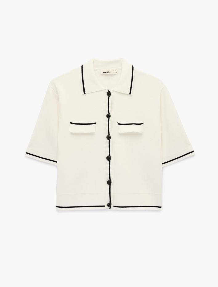  Aplike Detaylı Düğmeli Kısa Kollu Çizgili Polo Yaka Triko Hırka