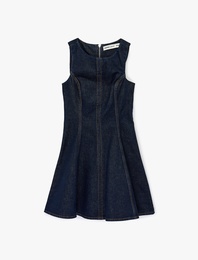 Kolsuz Bisiklet Yaka Volanlı Mini Denim Elbise