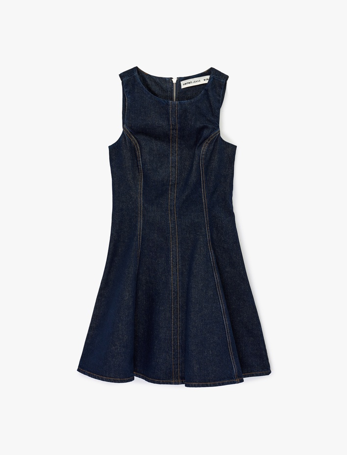  Kolsuz Bisiklet Yaka Volanlı Mini Denim Elbise