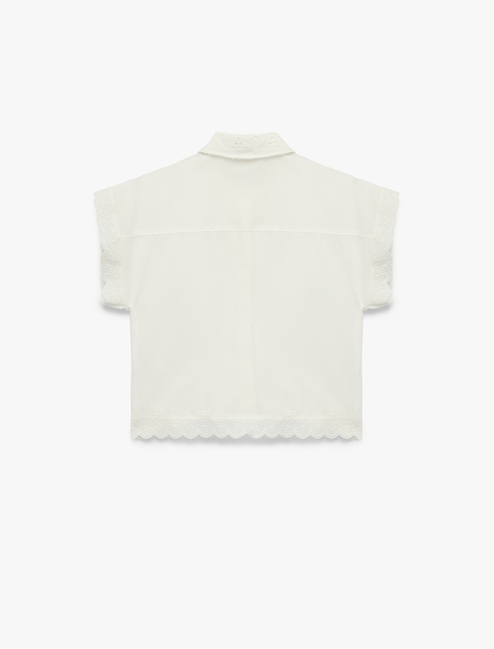 Kız Çocuk Pamuklu Düğme Detaylı Brodeli Kısa Kollu Gömlek