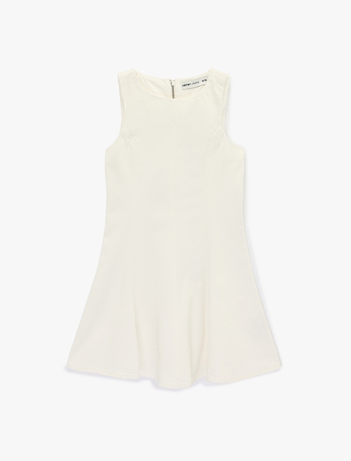  Kolsuz Bisiklet Yaka Volanlı Mini Denim Elbise