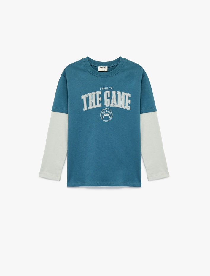 Erkek Çocuk Pamuklu Bisiklet Yaka Baskılı Uzun Kollu Tişört