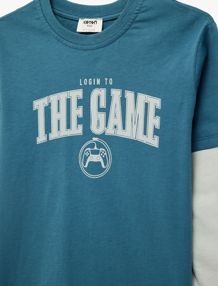 Erkek Çocuk Pamuklu Bisiklet Yaka Baskılı Uzun Kollu Tişört