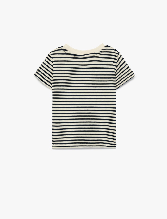 Erkek Bebek Cep Detaylı Kısa Kollu Bisiklet Yaka Çizgili Tişört