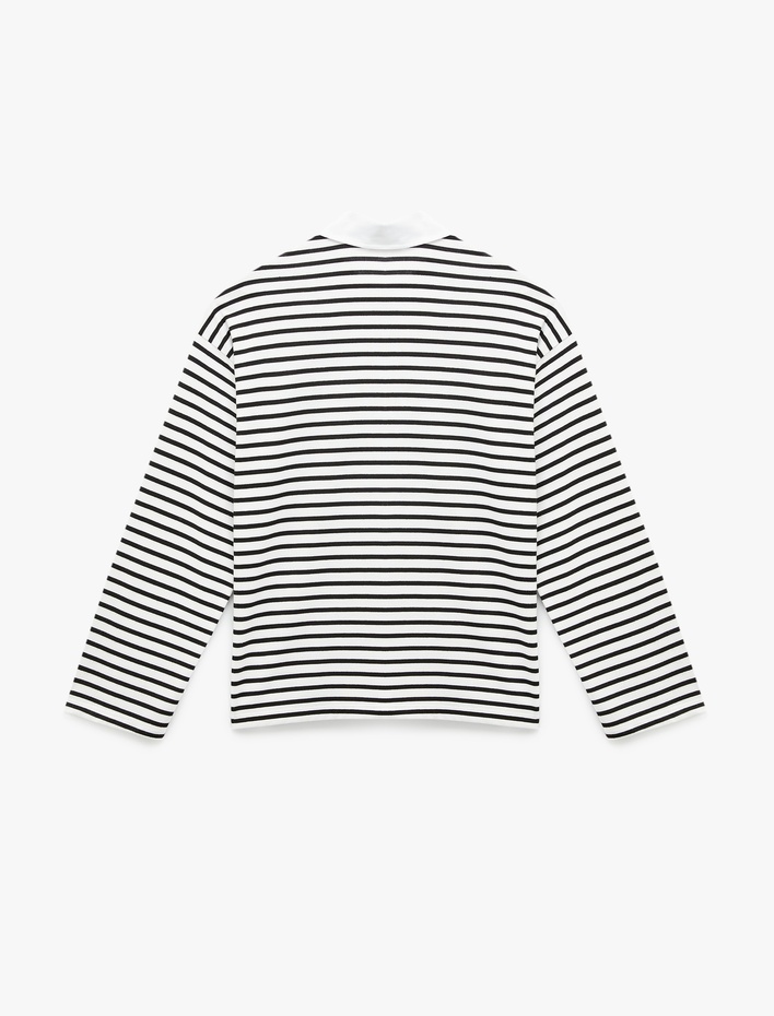  Uzun Kollu Düğmeli Polo Yaka Çizgili Oversize Tişört