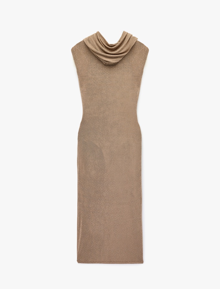  Kolsuz Taş Detaylı Dik Kapüşonlu Midi Bodycon Elbise