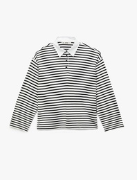 Uzun Kollu Düğmeli Polo Yaka Çizgili Oversize Tişört