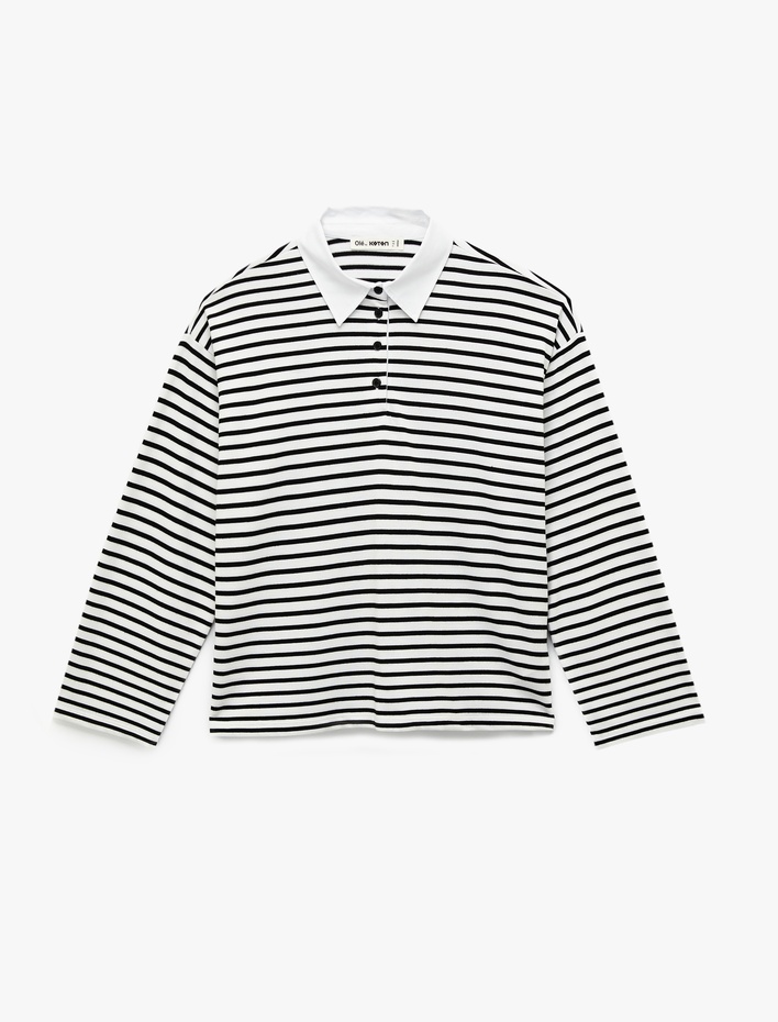 Uzun Kollu Düğmeli Polo Yaka Çizgili Oversize Tişört