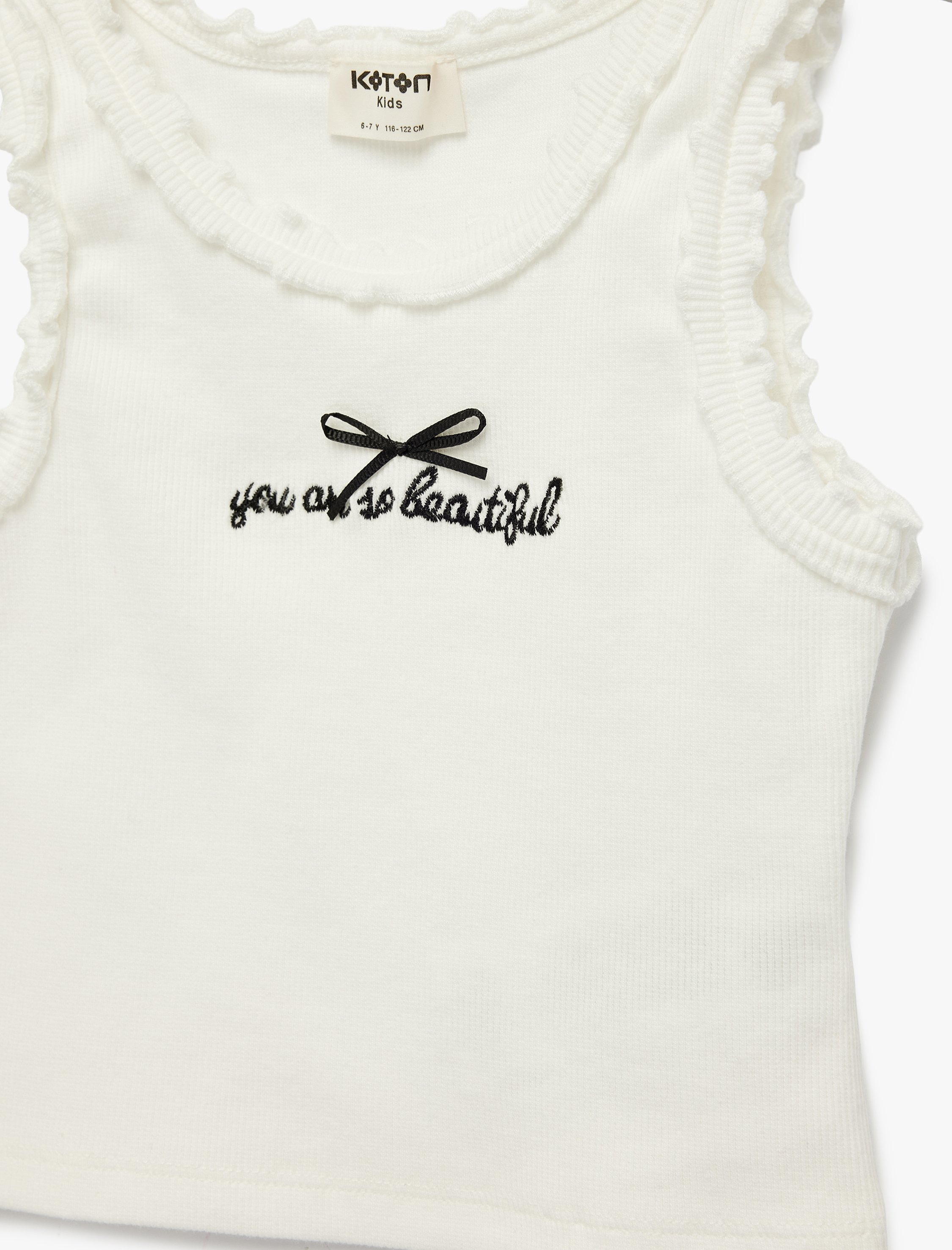  Kız Çocuk Pamuklu Bisiklet Yaka Kolsuz Nakış Detaylı Fiyonklu Atlet