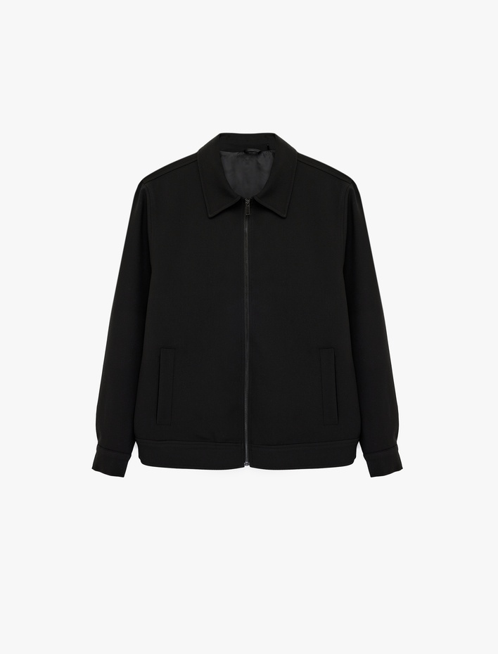  Viskon Karışımlı Uzun Kollu Cepli Gömlek Yaka Fermuarlı Bomber Ceket