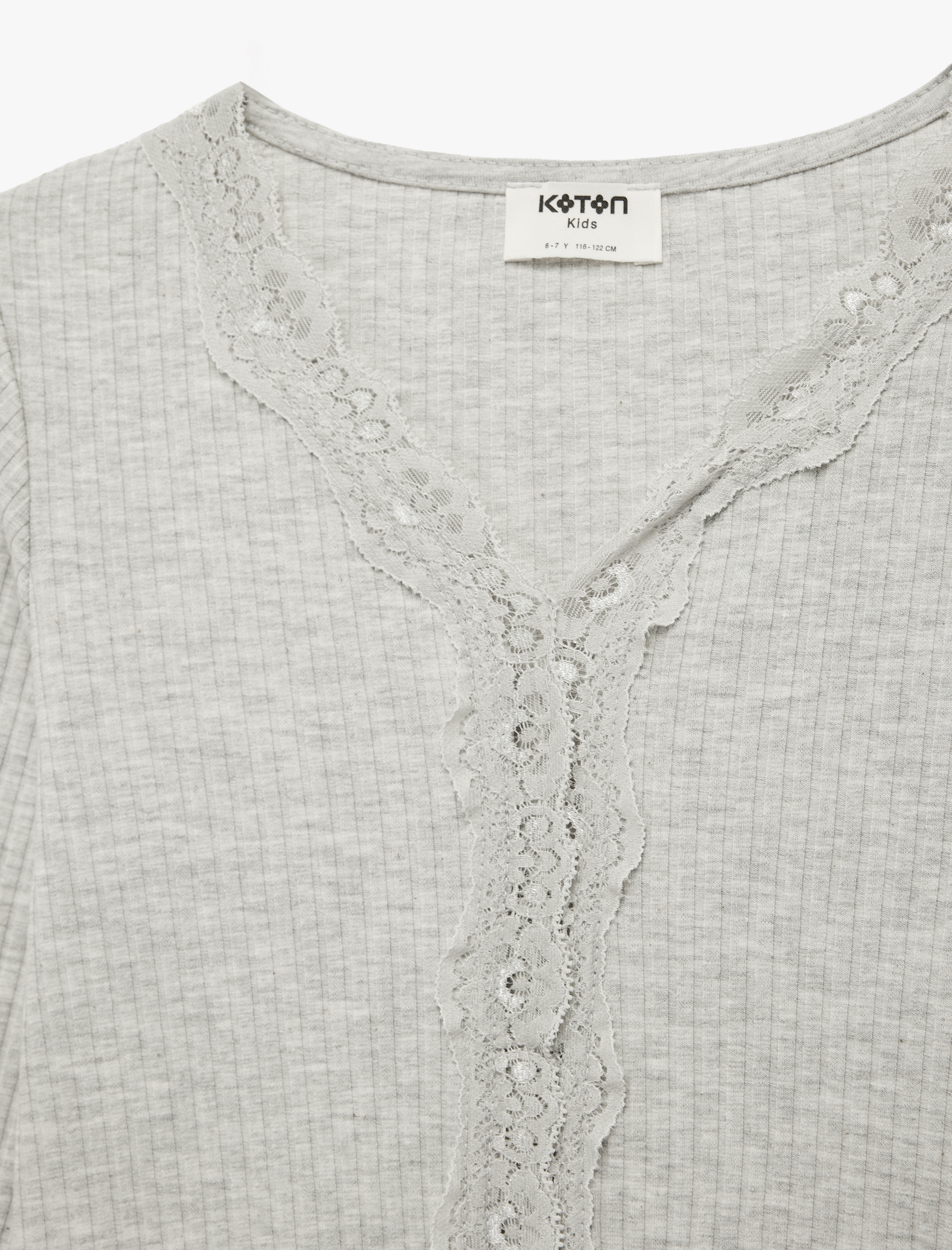  Kız Çocuk Dantel Detaylı Ribanalı V Yaka Uzun Kollu Tişört