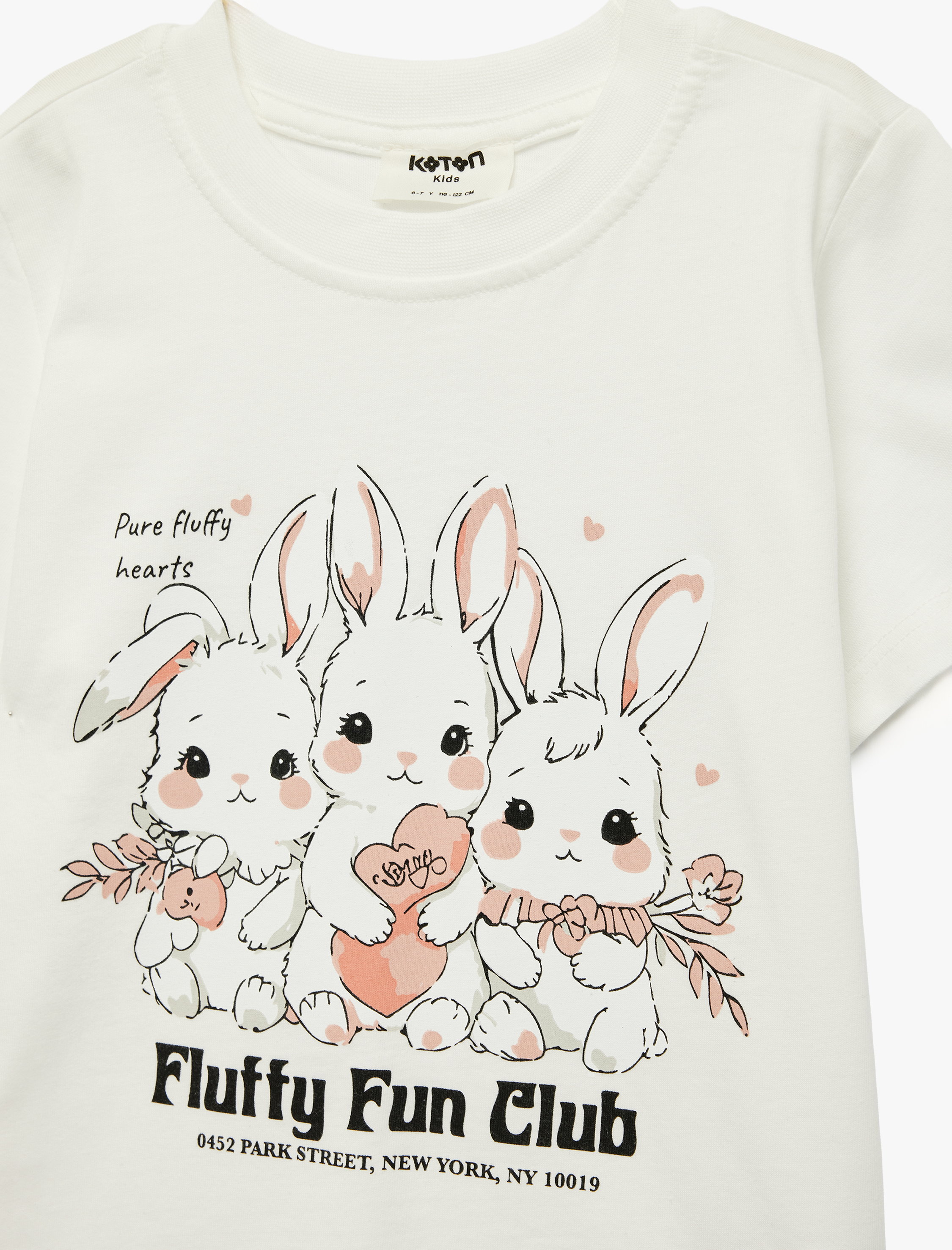  Kız Çocuk Bisiklet Yaka Kısa Kollu Tavşan Baskılı Pamuklu Tişört