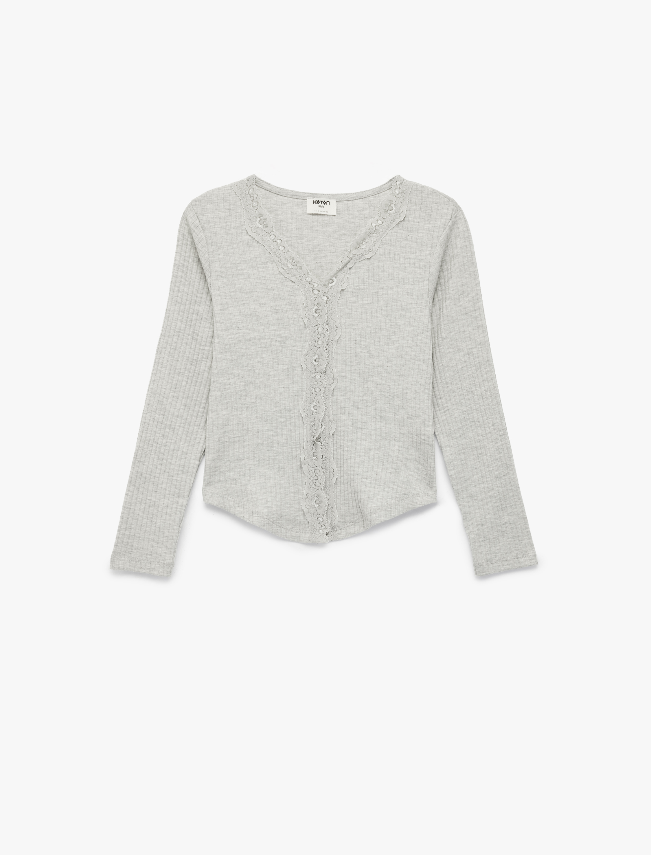  Kız Çocuk Dantel Detaylı Ribanalı V Yaka Uzun Kollu Tişört