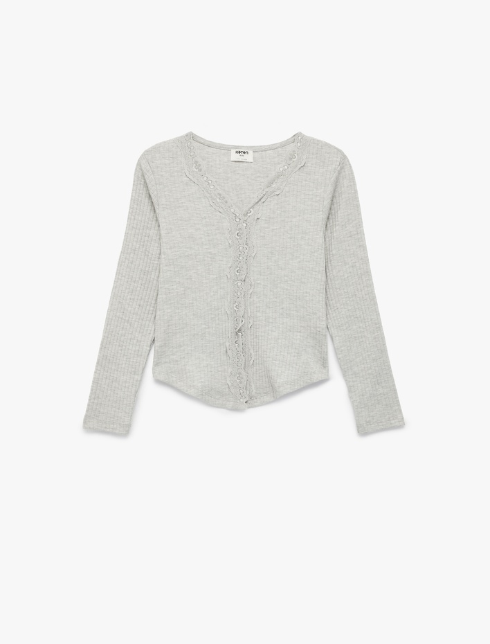 Kız Çocuk Dantel Detaylı Ribanalı V Yaka Uzun Kollu Tişört