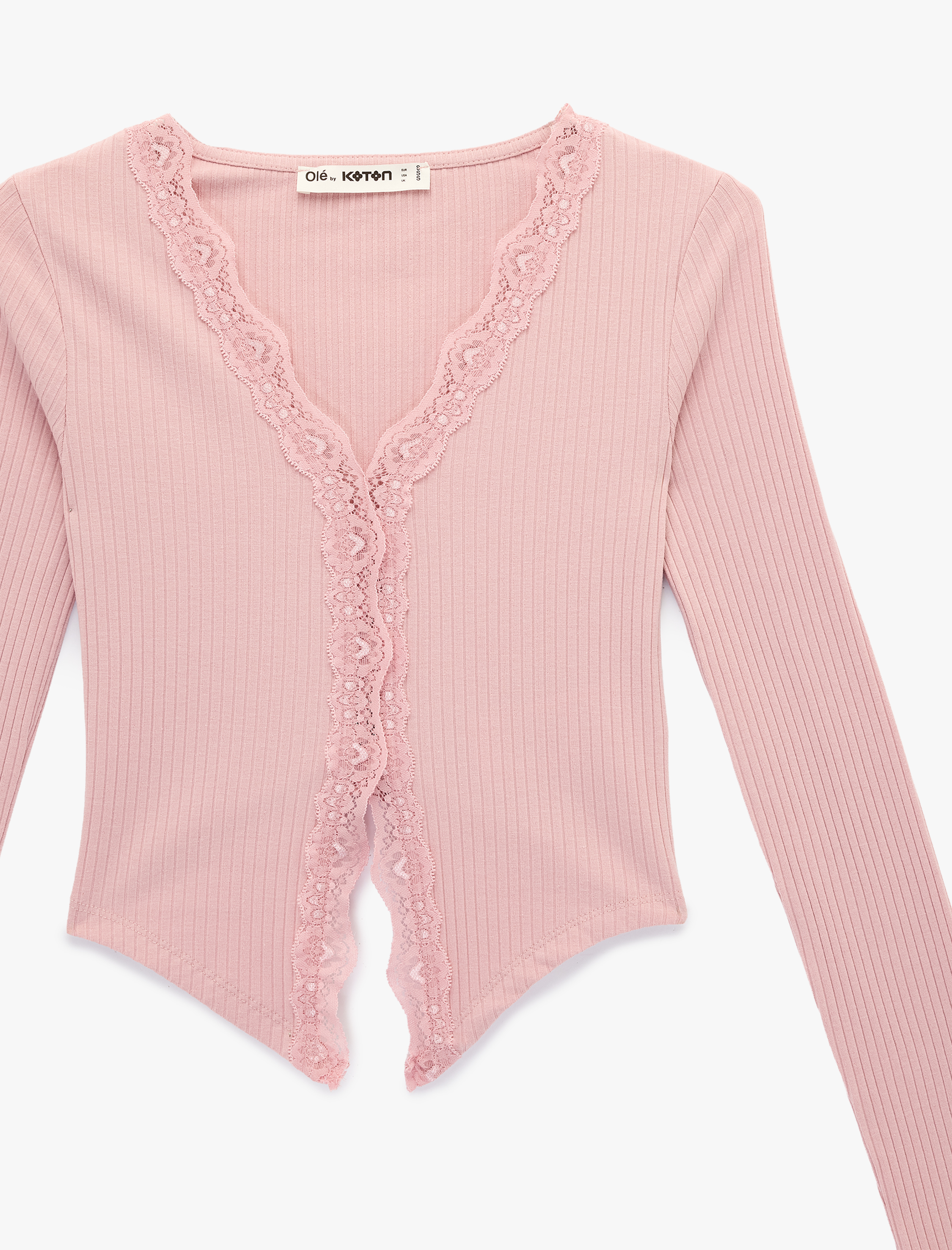   V Yaka Dantel Detaylı Uzun Kollu Slim Fit Tişört