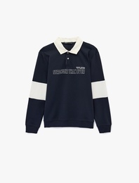Uzun Kollu Pamuklu Renk Kontrastlı Düğmeli Baskılı Polo Yaka Sweatshirt