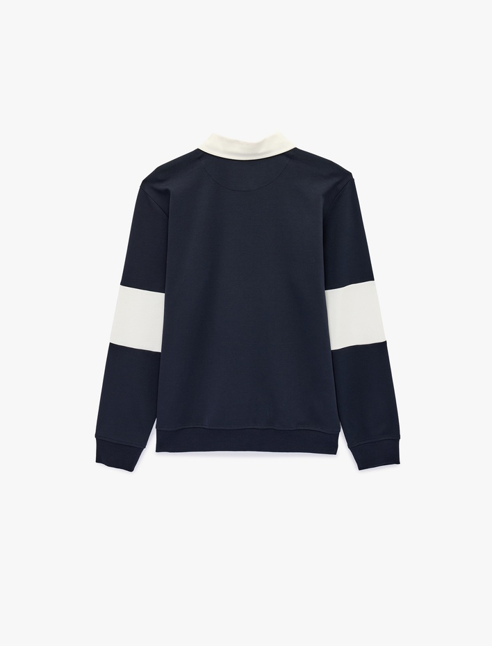  Uzun Kollu Pamuklu Renk Kontrastlı Düğmeli Baskılı Polo Yaka Sweatshirt