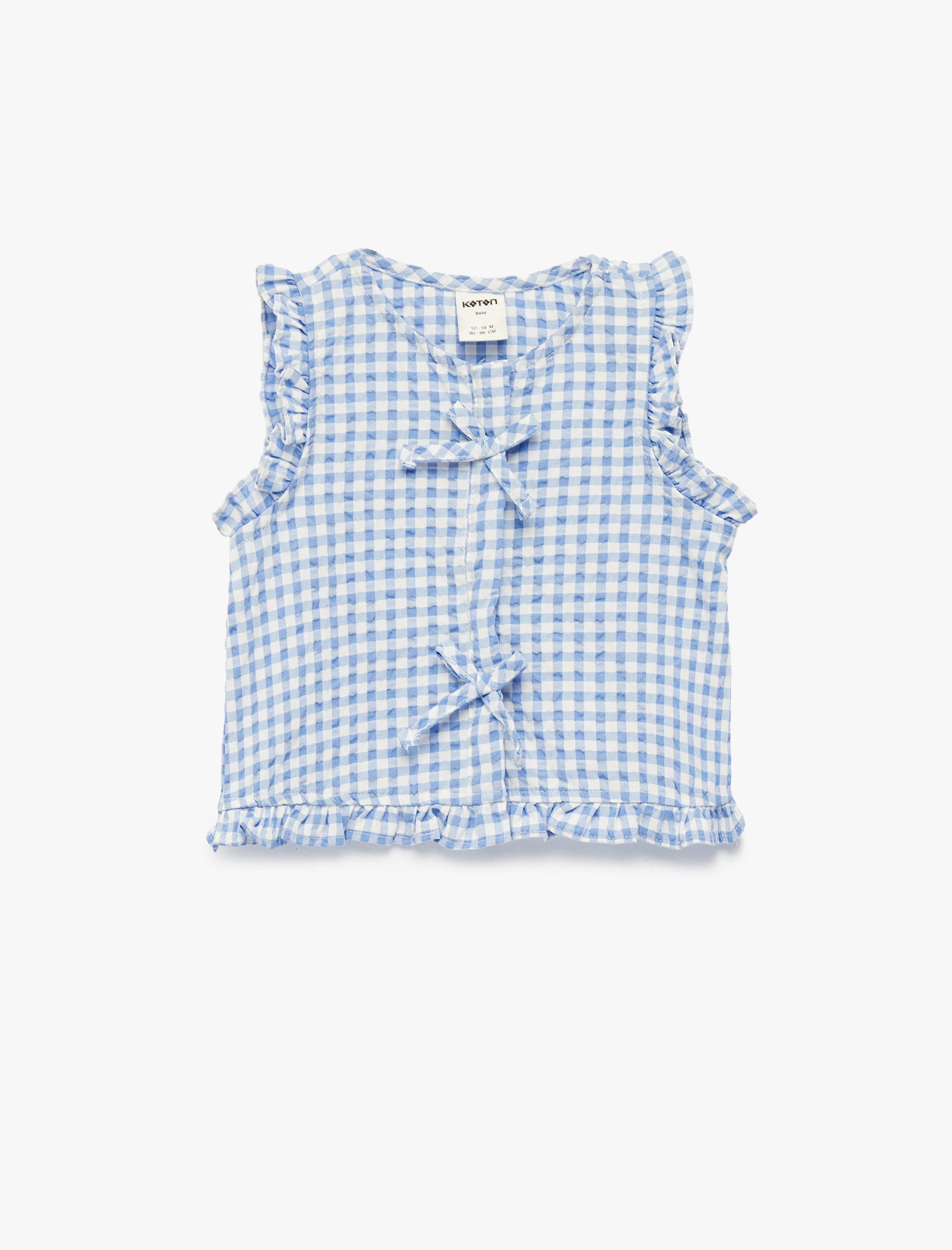  Kız Bebek Kolsuz Bisiklet Yaka Fırfır Detaylı Fiyonklu Pötikareli Gömlek