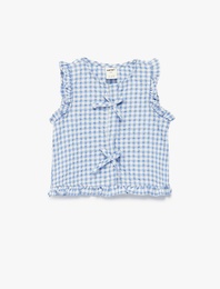 Kolsuz Bisiklet Yaka Fırfır Detaylı Fiyonklu Pötikareli Gömlek