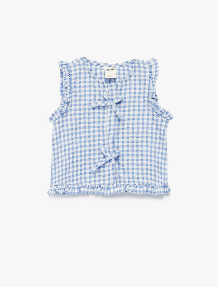 Kız Bebek Kolsuz Bisiklet Yaka Fırfır Detaylı Fiyonklu Pötikareli Gömlek