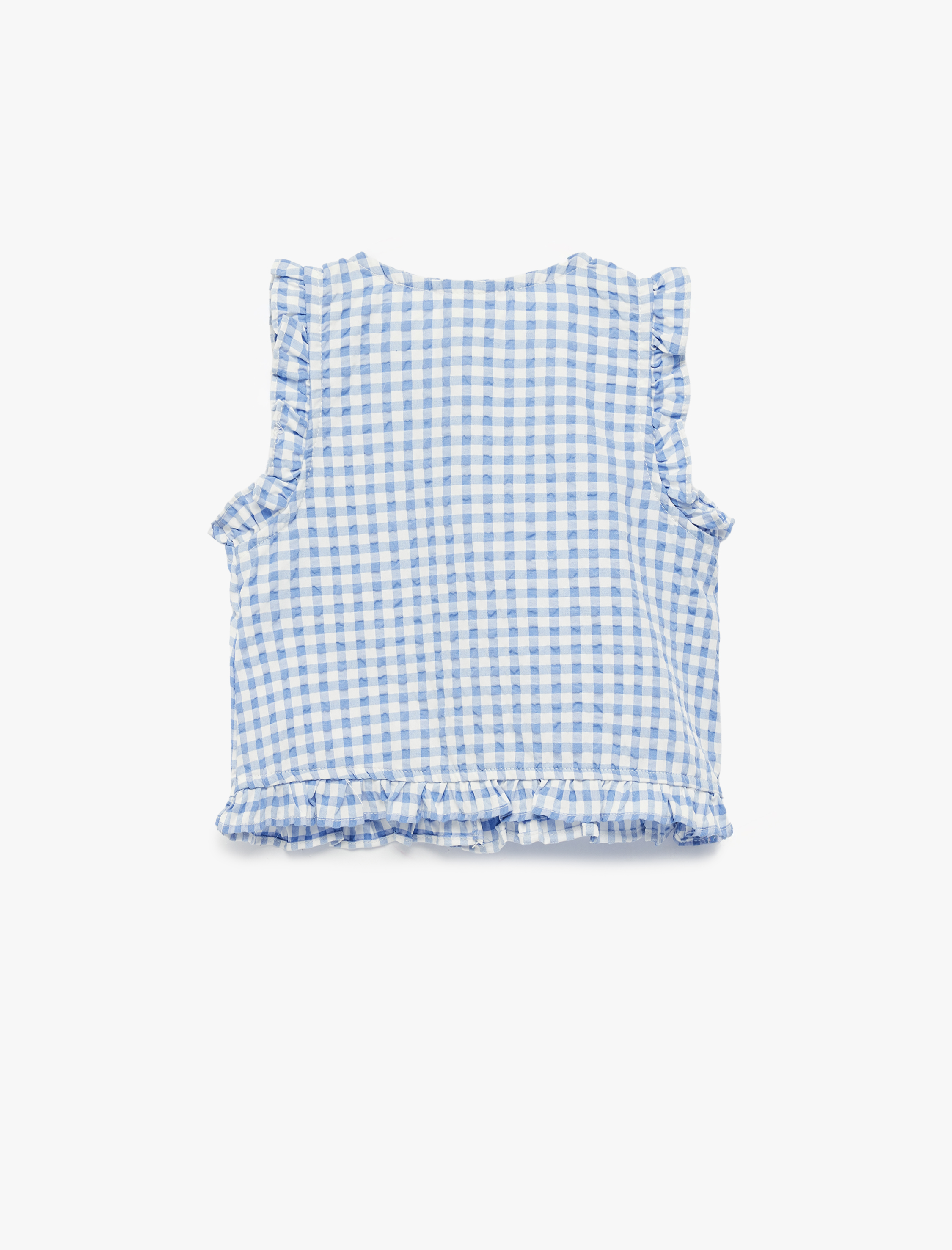  Kız Bebek Kolsuz Bisiklet Yaka Fırfır Detaylı Fiyonklu Pötikareli Gömlek