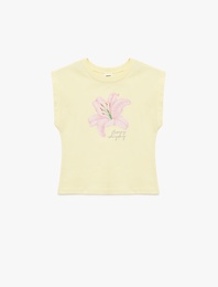 Pamuklu Kolsuz Bisiklet Yaka Çiçek Baskılı Tişört