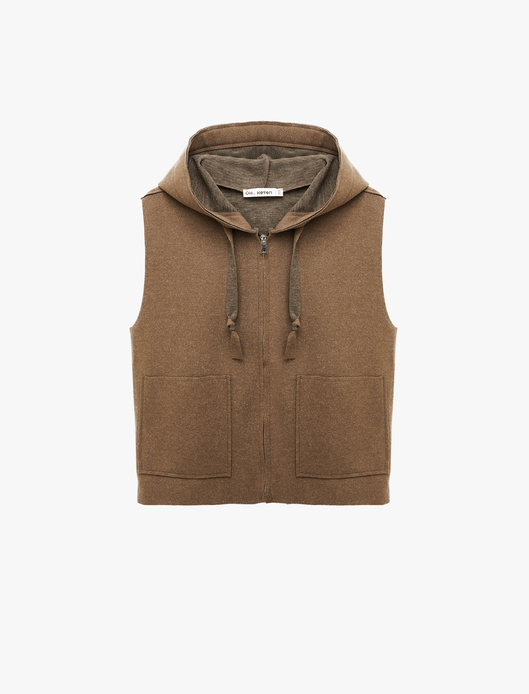   Viskon Karışımlı Kapüşonlu Kolsuz Cep Detaylı Fermuarlı Hırka