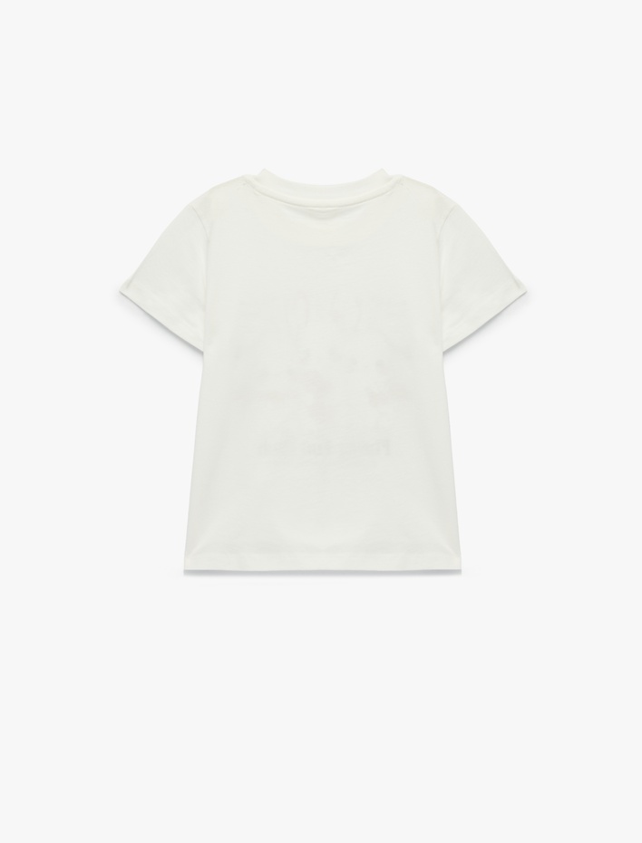 Kız Çocuk Bisiklet Yaka Kısa Kollu Tavşan Baskılı Pamuklu Tişört