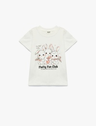 Bisiklet Yaka Kısa Kollu Tavşan Baskılı Pamuklu Tişört