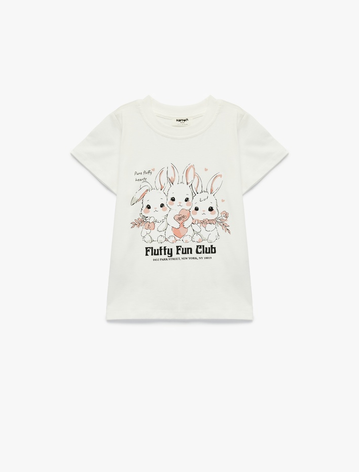 Kız Çocuk Bisiklet Yaka Kısa Kollu Tavşan Baskılı Pamuklu Tişört
