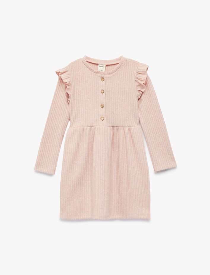 Kız Bebek Fırfırlı Uzun Kollu Bisiklet Yaka Elbise