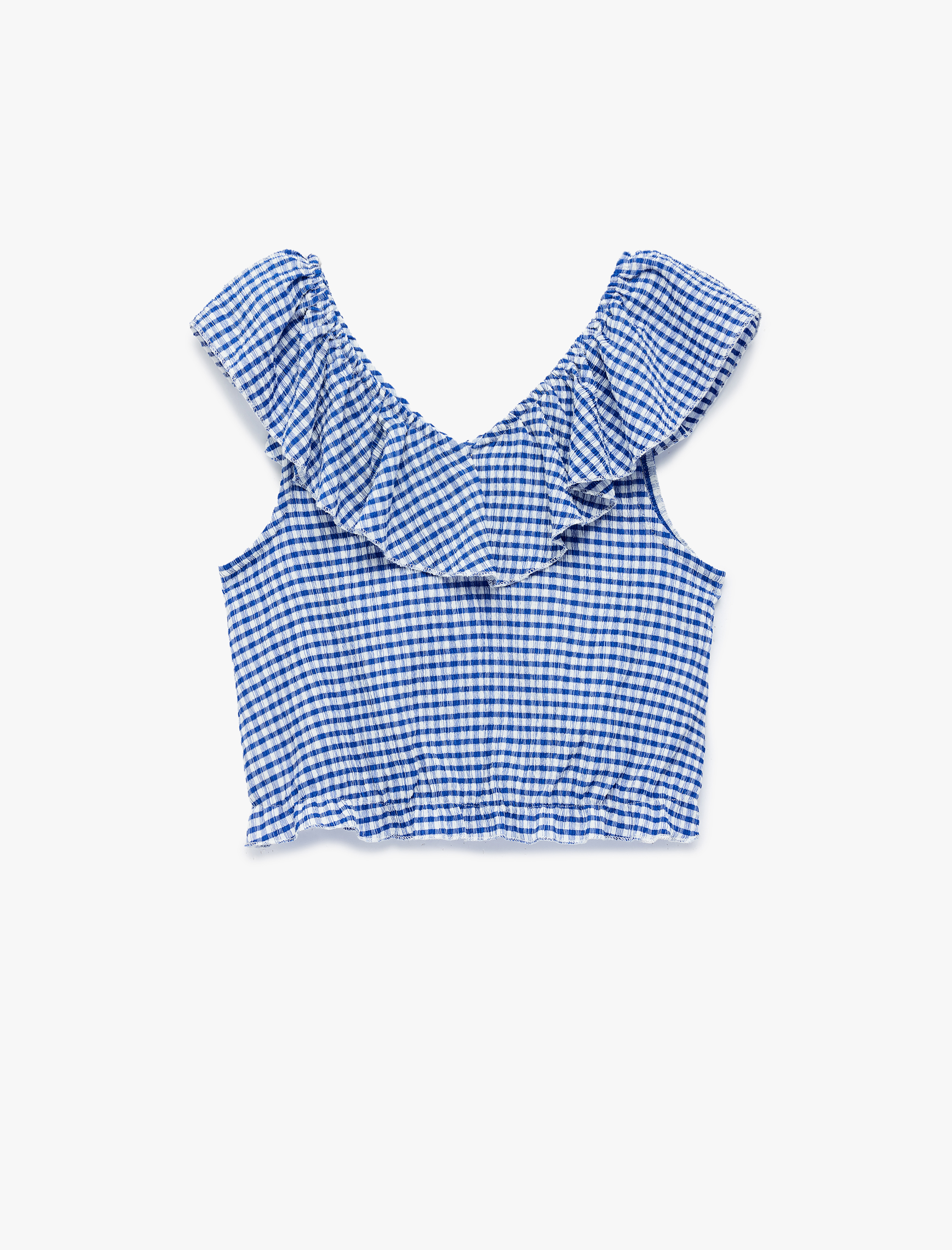  Kız Çocuk Fırfırlı Kolsuz Düşük Omuz Ekoseli Crop Bluz