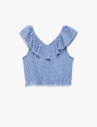 Fırfırlı Kolsuz Düşük Omuz Ekoseli Crop Bluz