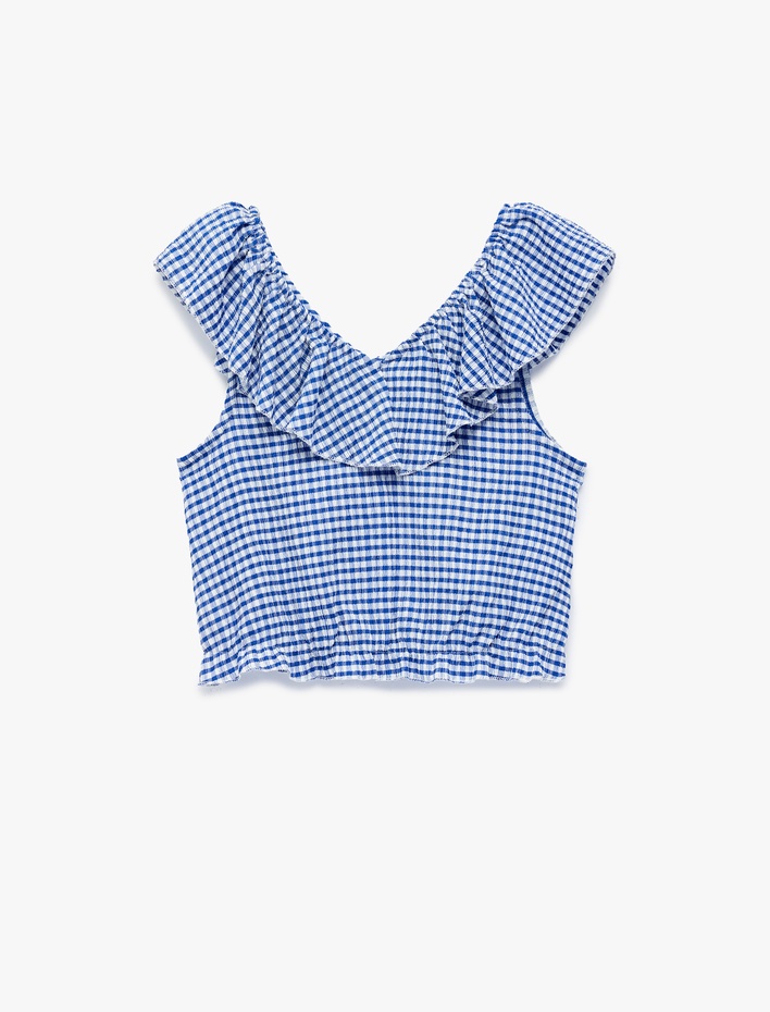 Kız Çocuk Fırfırlı Kolsuz Düşük Omuz Ekoseli Crop Bluz