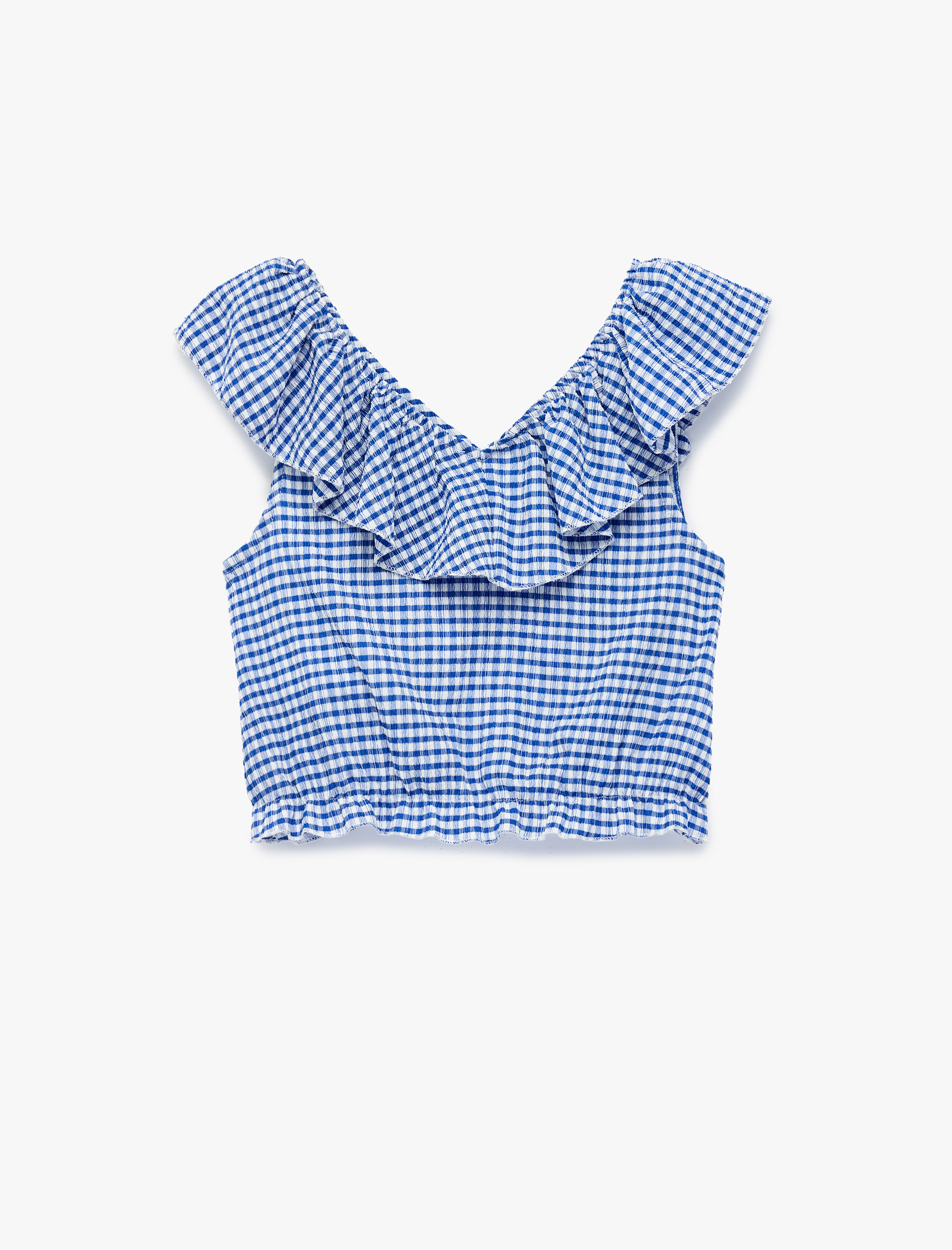  Kız Çocuk Fırfırlı Kolsuz Düşük Omuz Ekoseli Crop Bluz