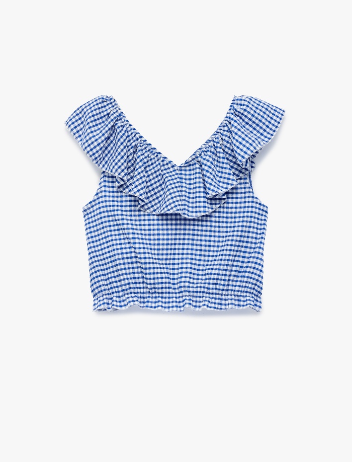 Kız Çocuk Fırfırlı Kolsuz Düşük Omuz Ekoseli Crop Bluz